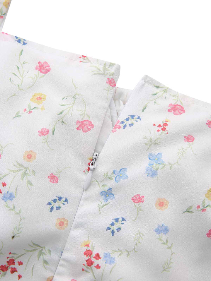 White 1930s Floral Square Neck Puff Sleeve Dress - vintage dress, retro fashion, pure white