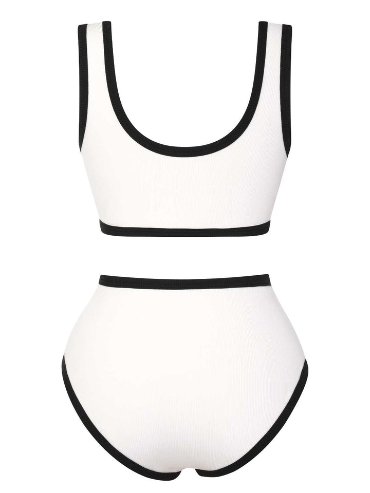 This White 1930s Knit Contrast Swimsuit carries 1930s vacation dreams in every stitch