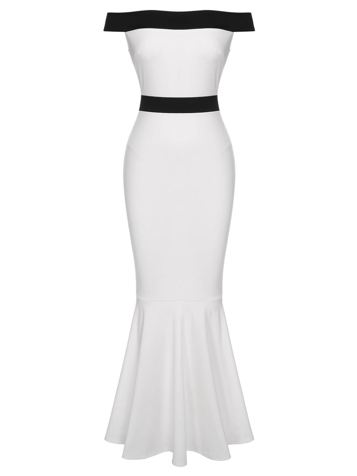 She slips into this White 1930s Off-Shoulder Fishtail Dress and suddenly it&