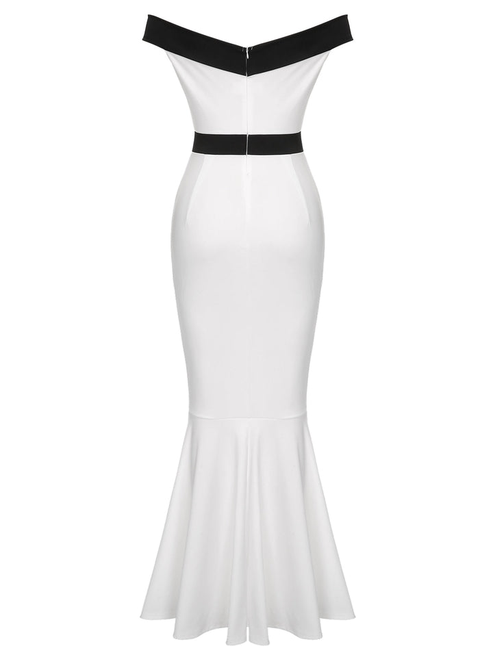 This White 1930s Off-Shoulder Fishtail Dress wraps her in 1930s elegance, one twirl at a time