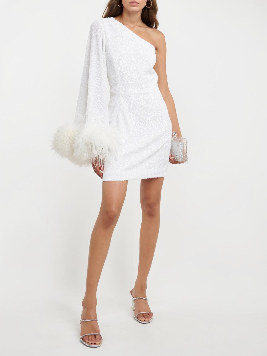 She slips into this White 1930s One Shoulder Asymmetric Raw Edge Dress and suddenly it&