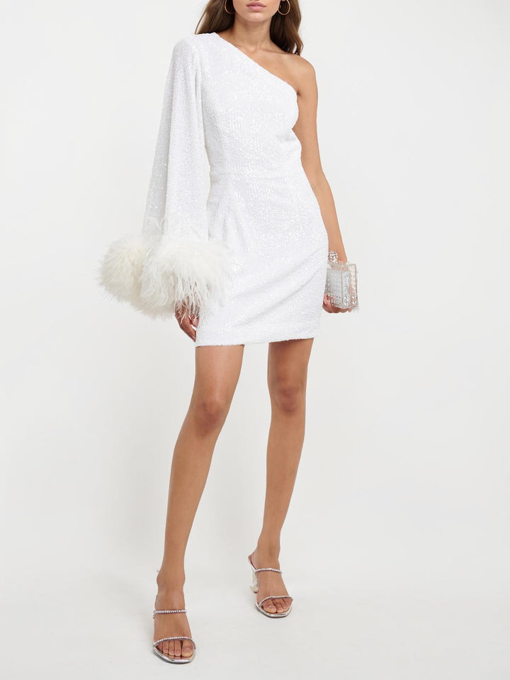 She slips into this White 1930s One Shoulder Asymmetric Raw Edge Dress and suddenly it&