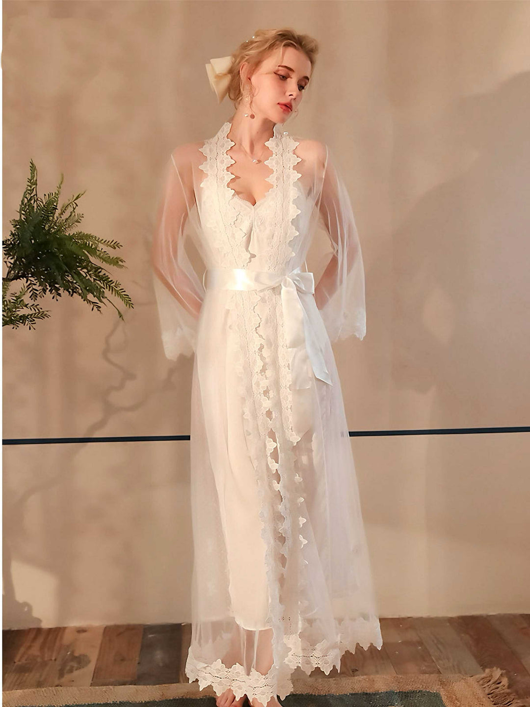 White Sheer Mesh Lace Nightdress Set - vintage dress, retro fashion, pure white