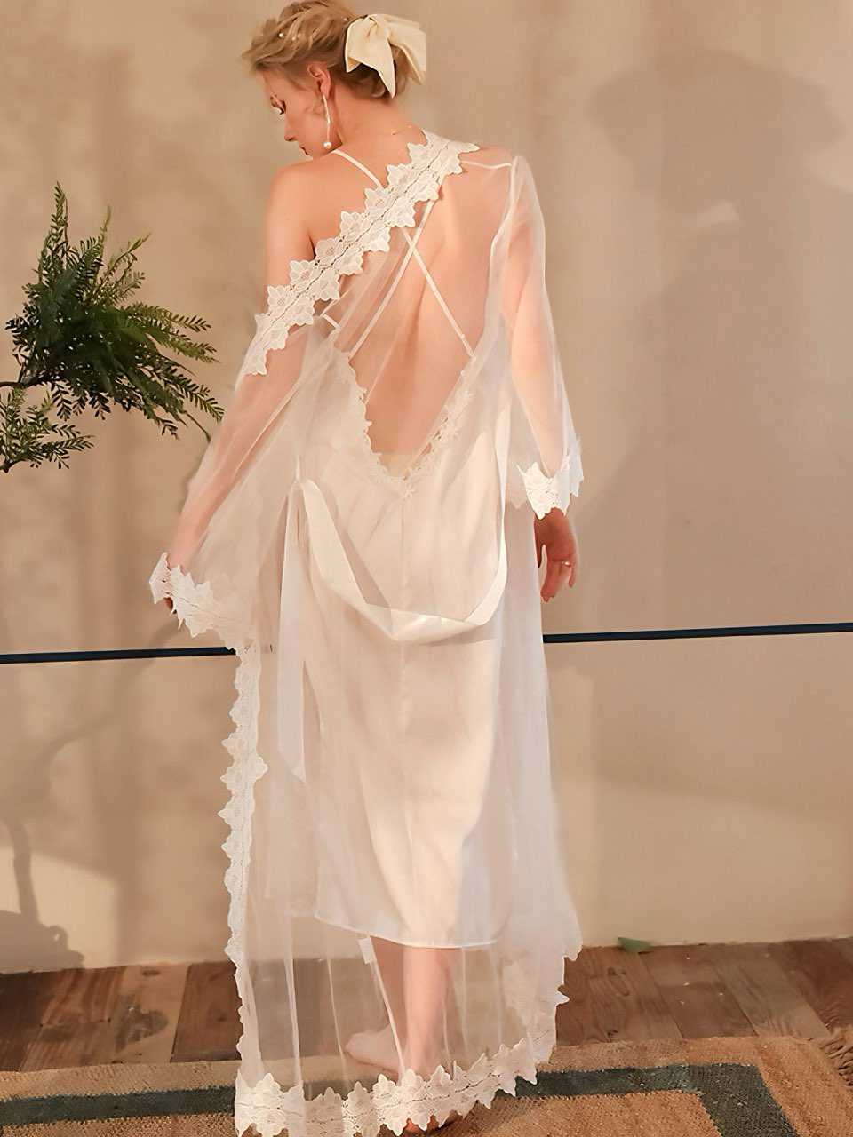 White Sheer Mesh Lace Nightdress Set - vintage dress, retro fashion, pure white