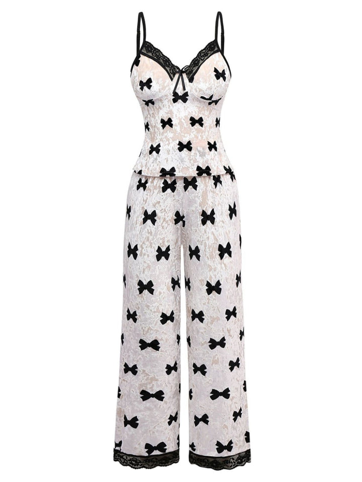 White Bow Print Velvet Pajama Set, vintage fashion, retro style - perfect for women who love vintage and retro fashion