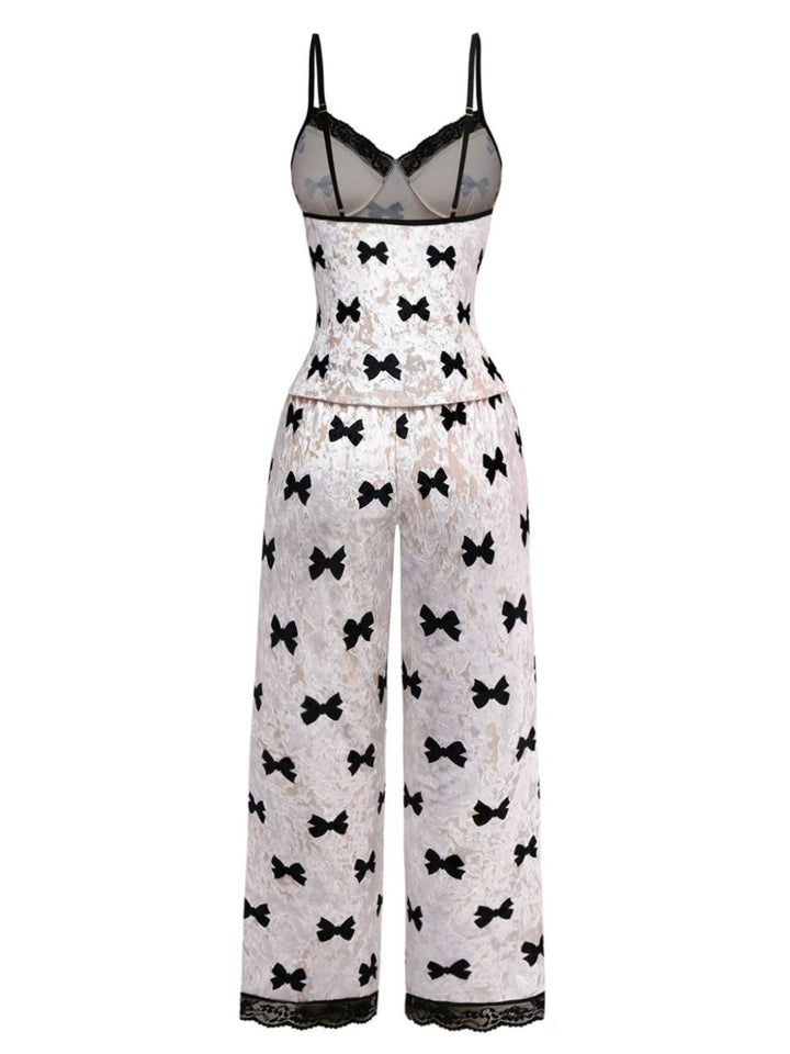 White Bow Print Velvet Pajama Set, vintage fashion, retro style - perfect for women who love vintage and retro fashion