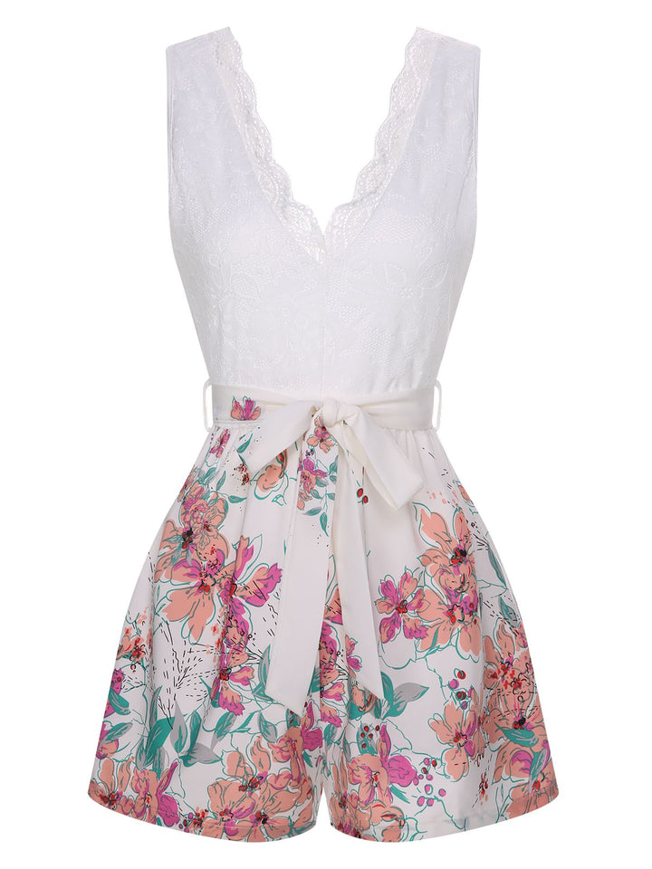 White 1940s Cotton Floral Lace V-Neck Romper, vintage romper, retro jumpsuit - perfect for women who love vintage and retro fashion