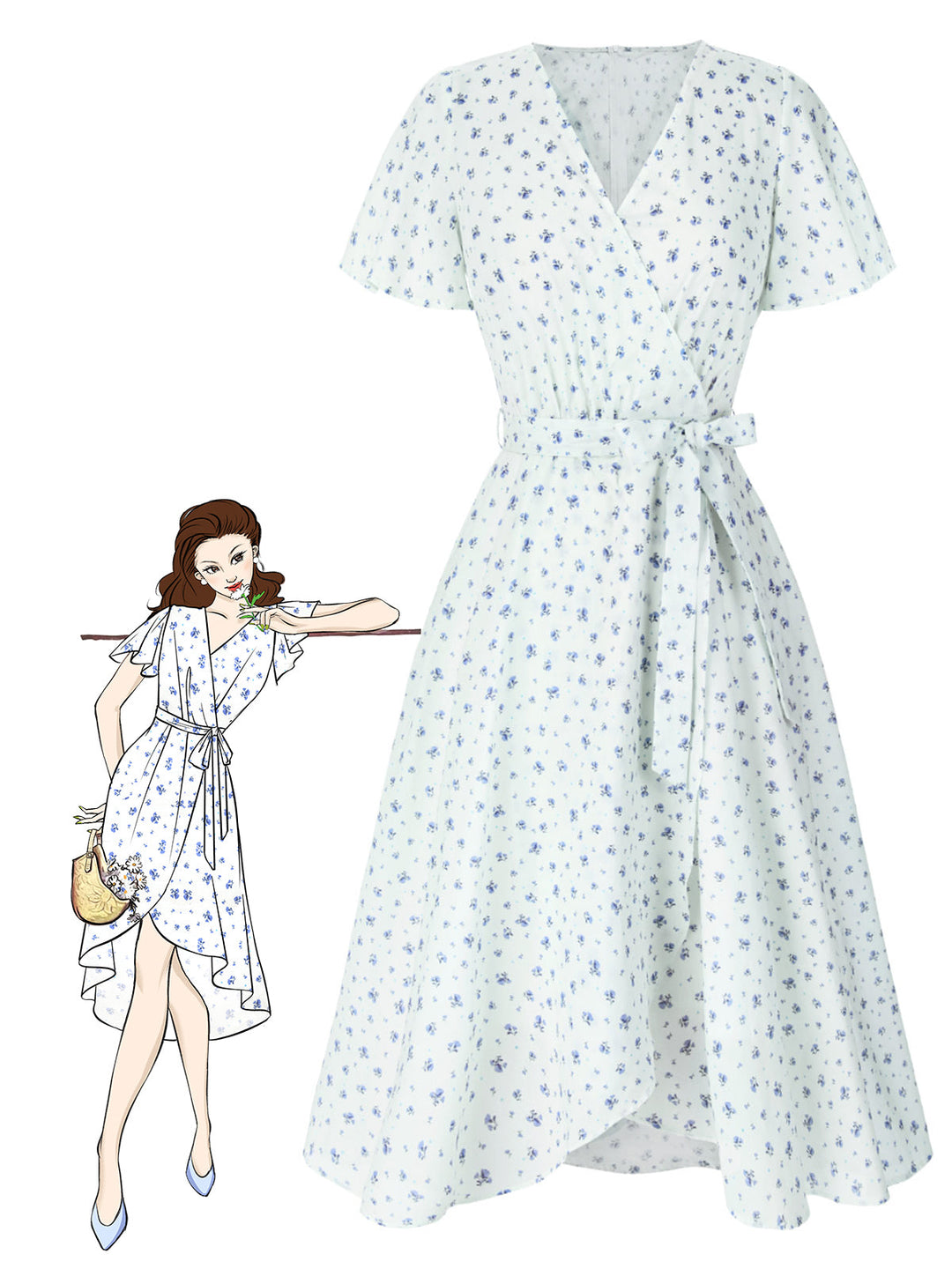 She slips into this White 1940s Cotton Slanted Tie Floral Dress and suddenly it&