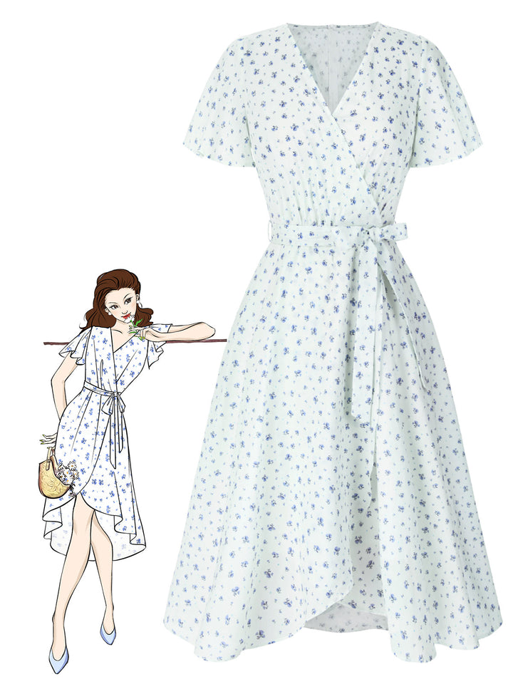 She slips into this White 1940s Cotton Slanted Tie Floral Dress and suddenly it&