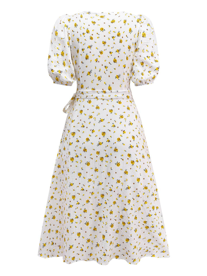 White 1940s Ditsy Floral Cotton Wrap Dress - vintage dress, retro fashion, pure white