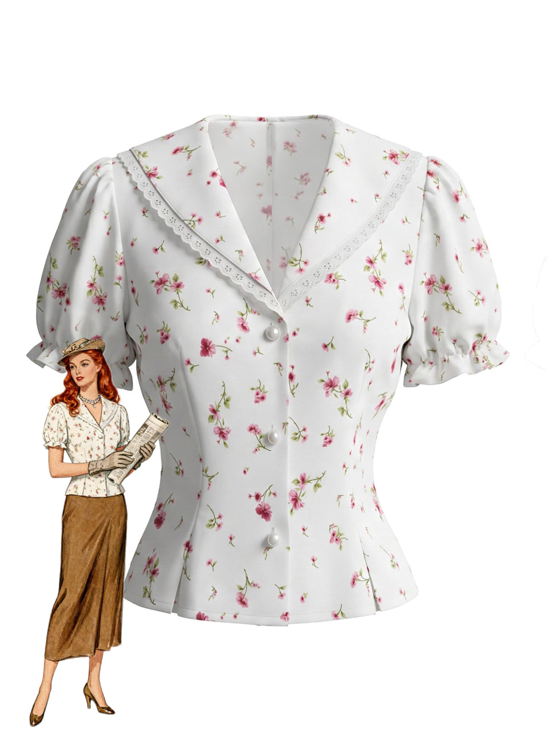 White 1980s Floral Vintage Classic Blouse