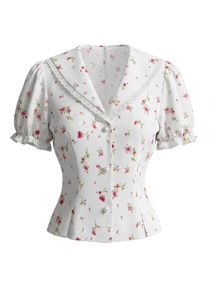 White 1980s Floral Vintage Classic Blouse 2