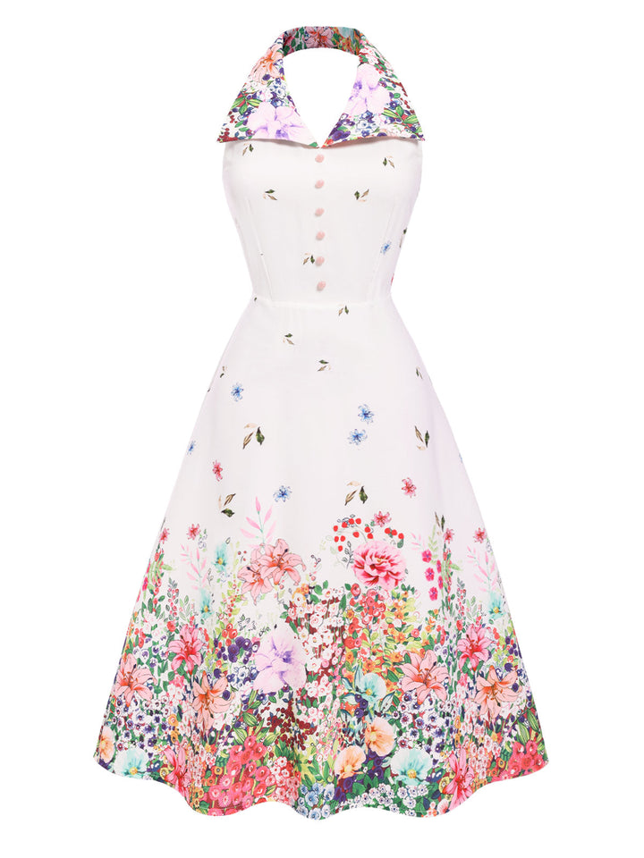 White 1940s Floral Lapel Patchwork Dress: where 1940s romance meets her modern spirit