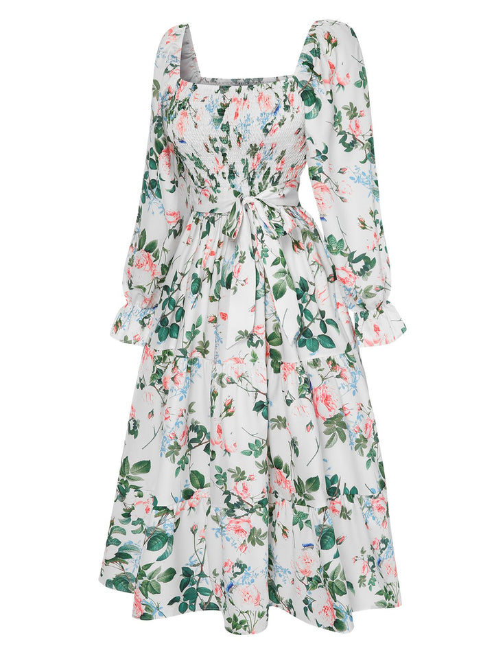White 1940s Floral Pleated Belt Dress, vintage dress, retro fashion, floral print - perfect for women who love vintage and retro fashion
