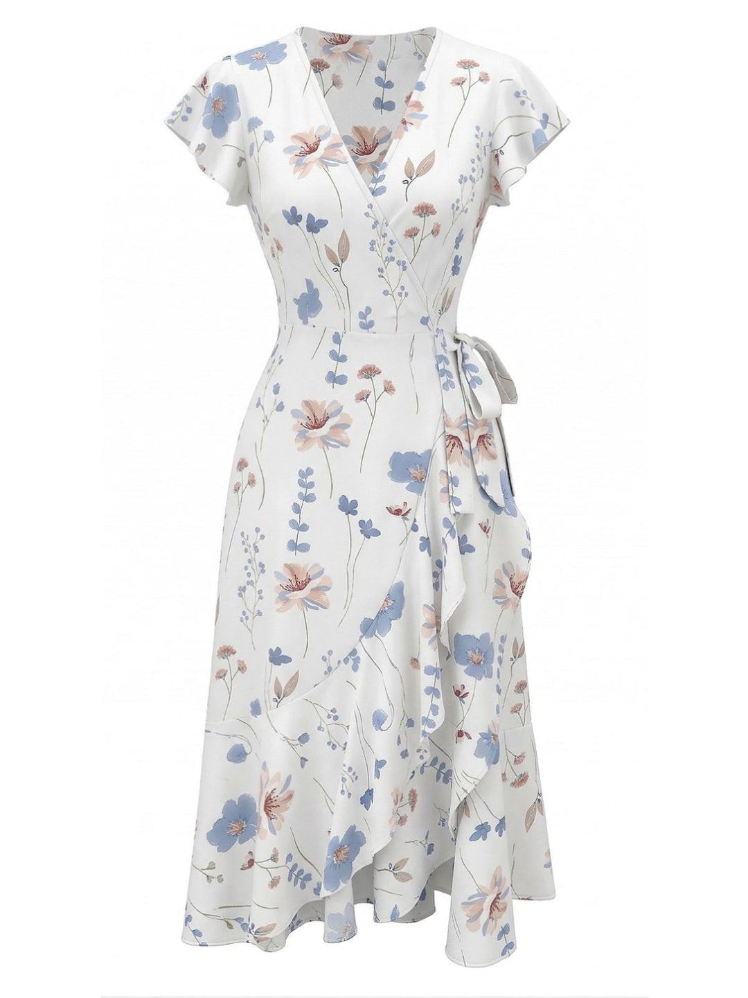 White 1940s Floral Print Flutter Sleeve V-Neck Wrap Dress, vintage dress, retro fashion, floral print - perfect for women who love vintage and retro fashion