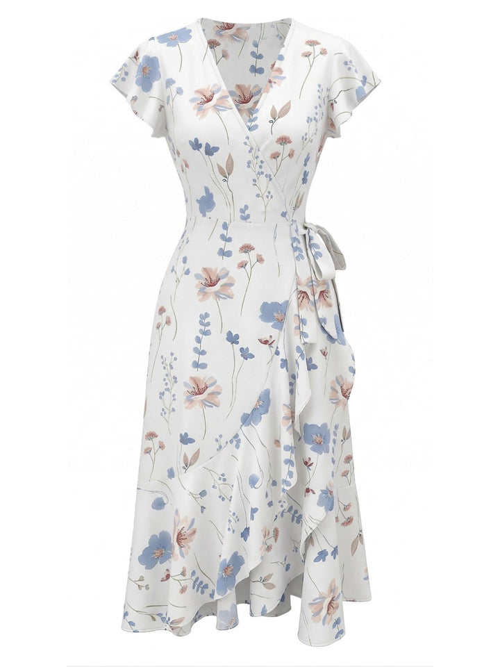 White 1940s Floral Print Flutter Sleeve V-Neck Wrap Dress, vintage dress, retro fashion, floral print - perfect for women who love vintage and retro fashion