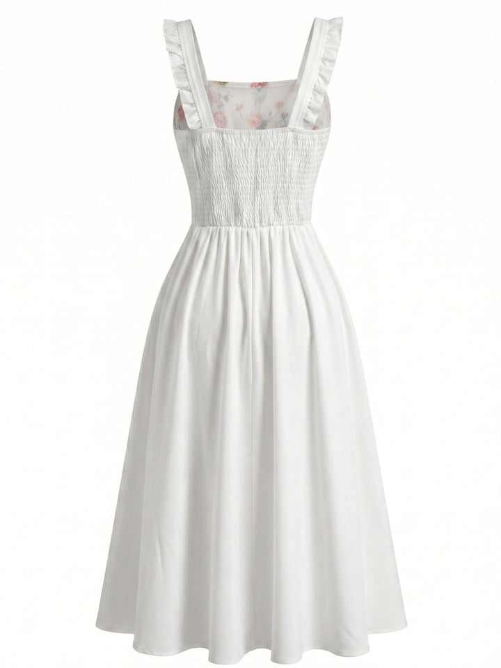 White 1940s Floral Ruffle Strap Square Neck Swing Dress - vintage dress, retro fashion, rockabilly, pin-up fashion for vintage lovers