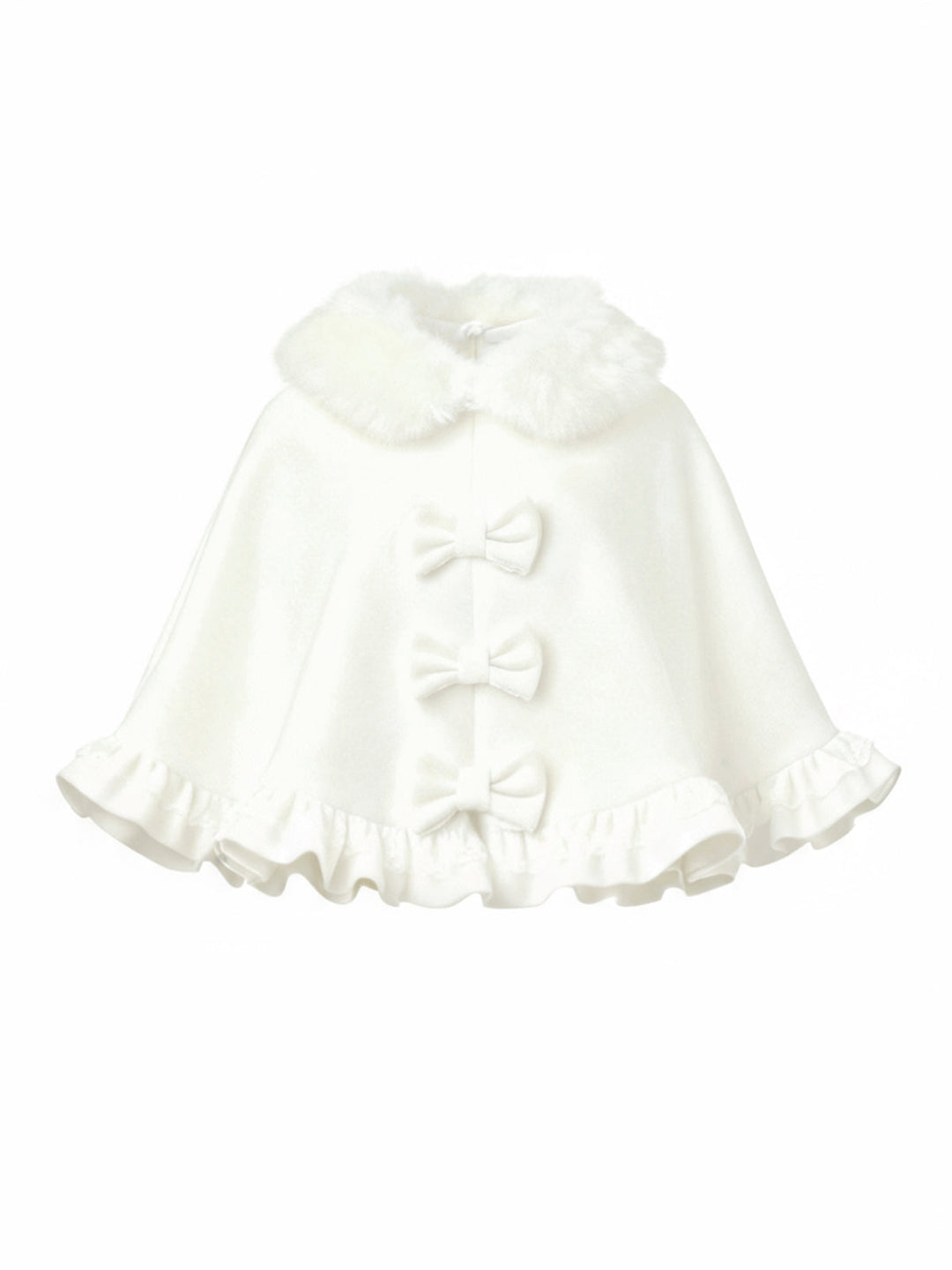 White 1940s Fur-Collar Bow Ruffled Hem Cape - vintage fashion, retro style, pure white