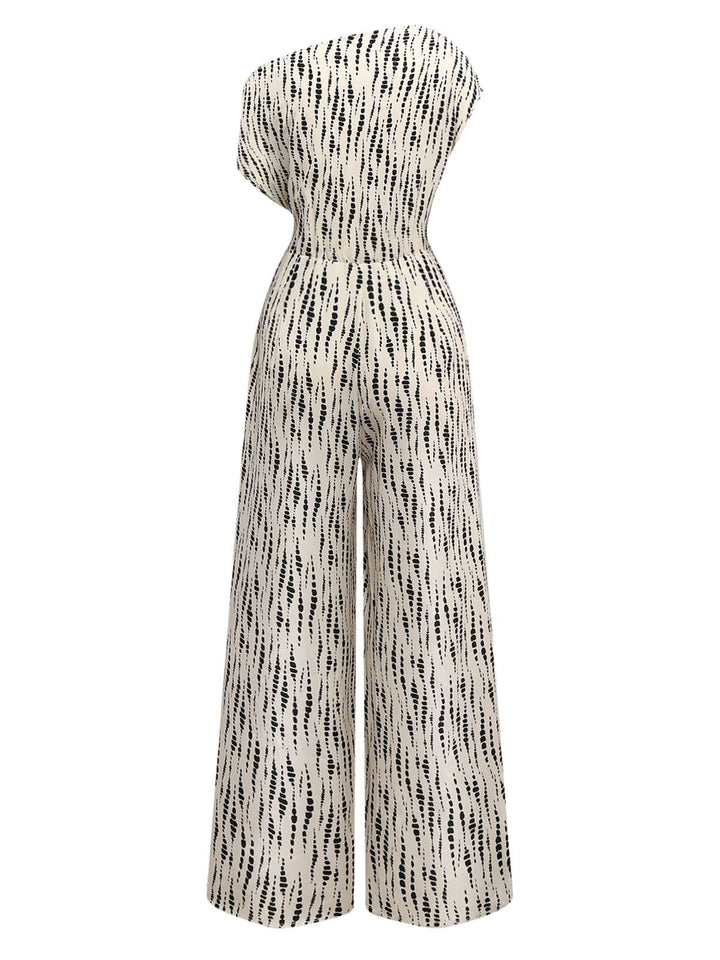 White 1940s Ink Stains Oblique Neck Jumpsuit - vintage jumpsuit, retro fashion, pure white
