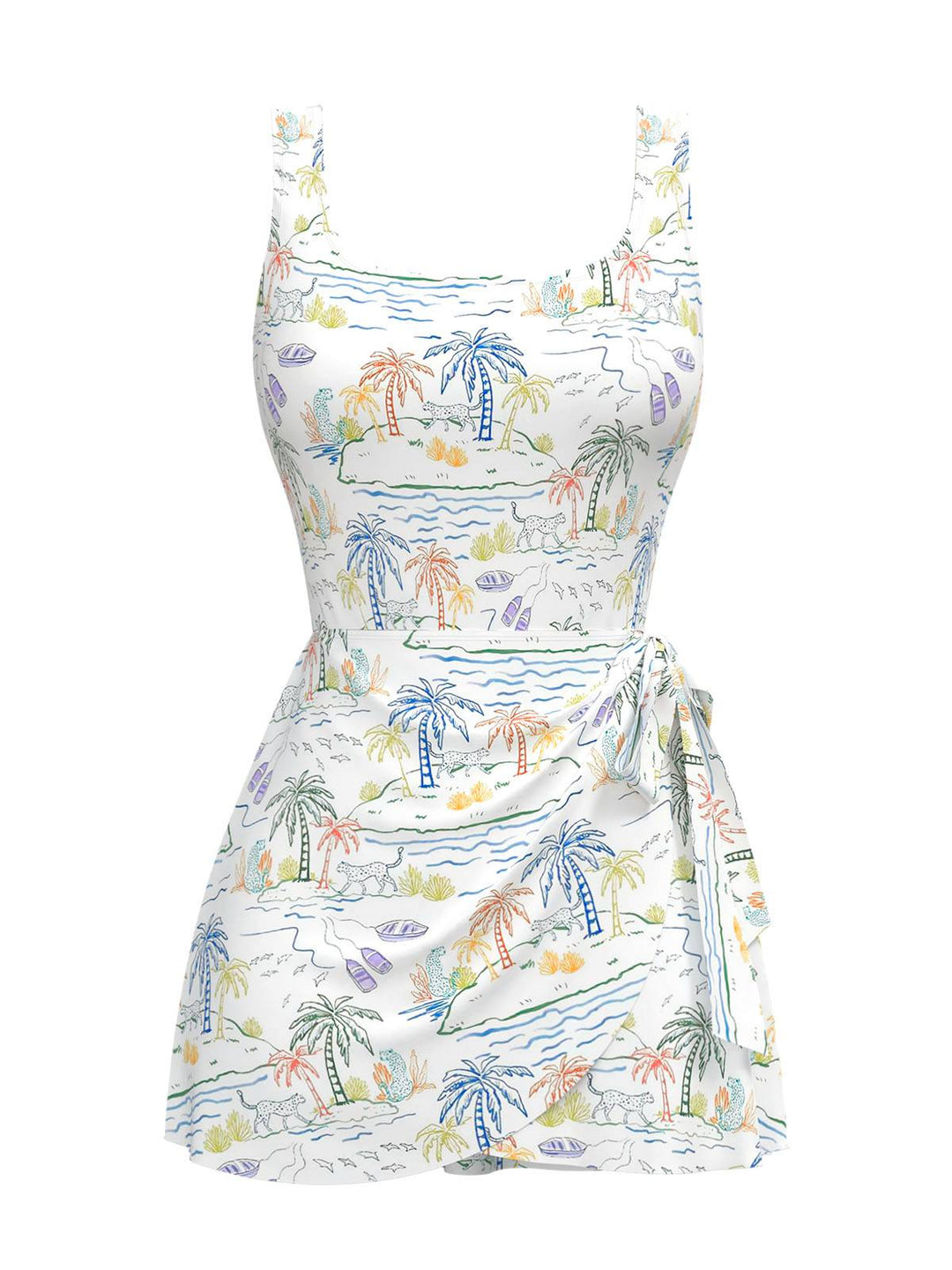 She slips into this White 1940s Plant Print Square Neck Swimdress and suddenly it&