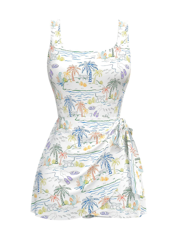 She slips into this White 1940s Plant Print Square Neck Swimdress and suddenly it&