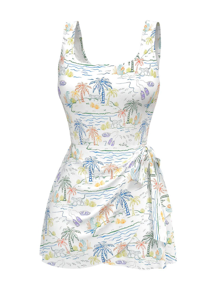 White 1940s Plant Print Square Neck Swimdress: where 1940s romance meets her modern spirit