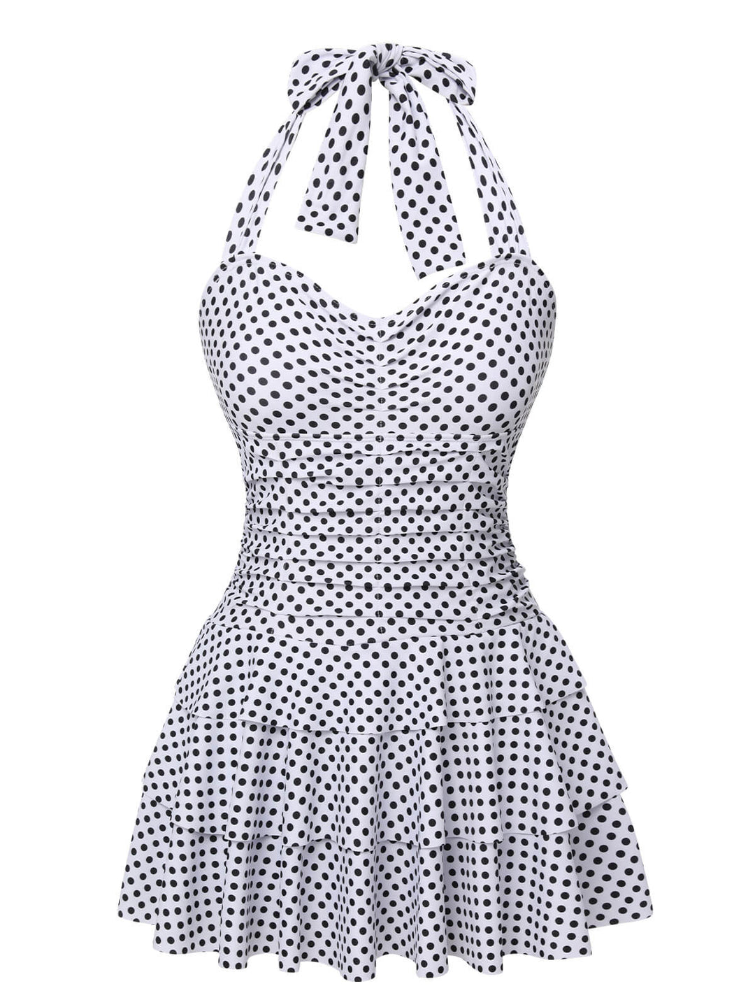 White 1940s Polka Dot Halter Skirted Swimsuit, vintage skirt, retro style - perfect for women who love vintage and retro fashion
