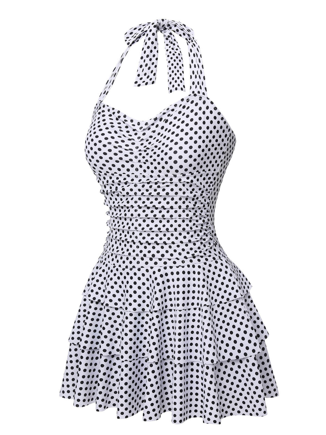 White 1940s Polka Dot Halter Skirted Swimsuit, vintage skirt, retro style - perfect for women who love vintage and retro fashion