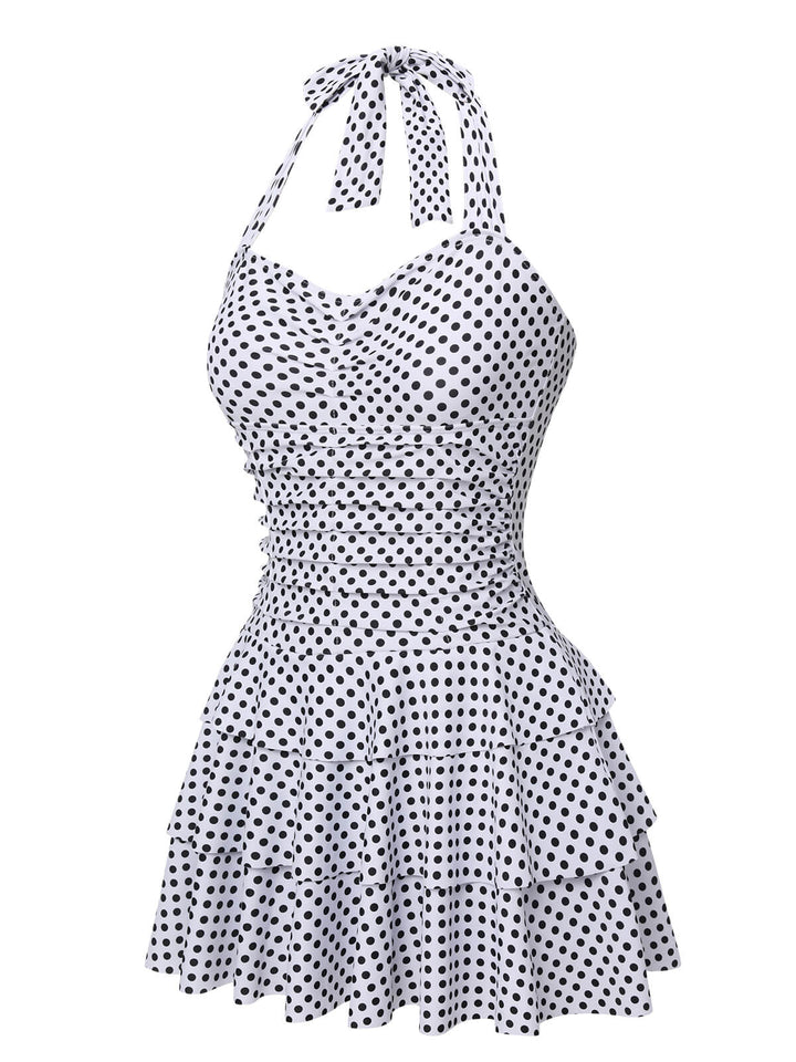 White 1940s Polka Dot Halter Skirted Swimsuit, vintage skirt, retro style - perfect for women who love vintage and retro fashion