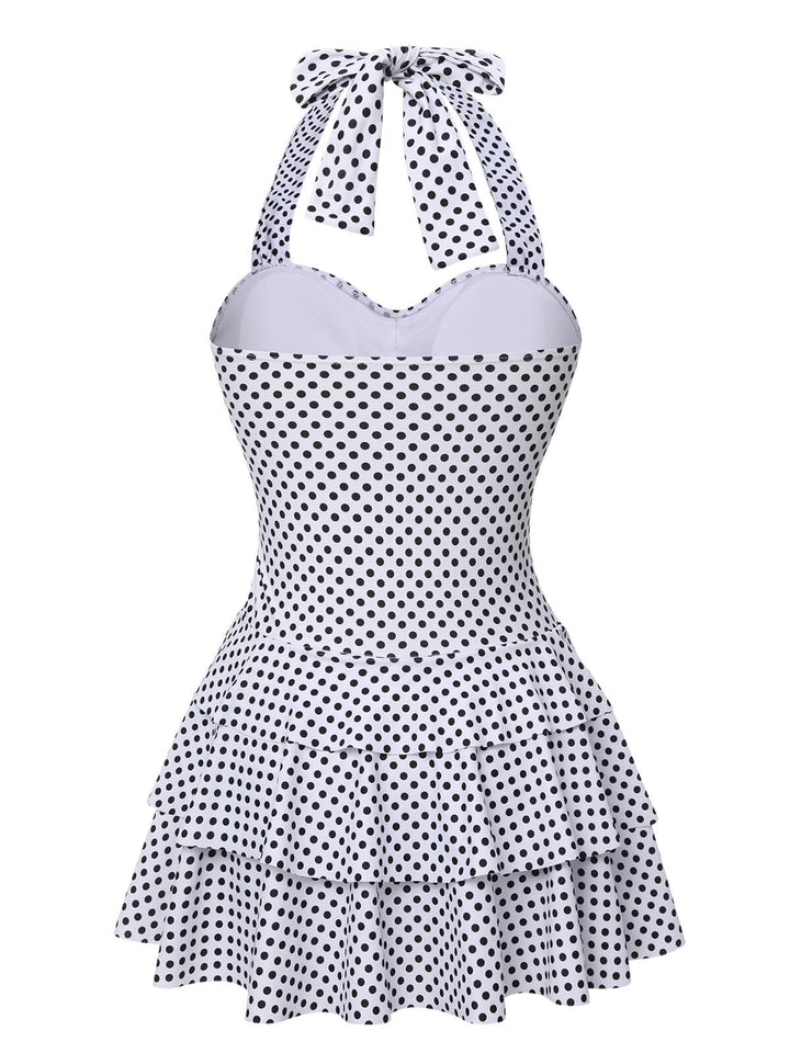 White 1940s Polka Dot Halter Skirted Swimsuit, vintage skirt, retro style - perfect for women who love vintage and retro fashion