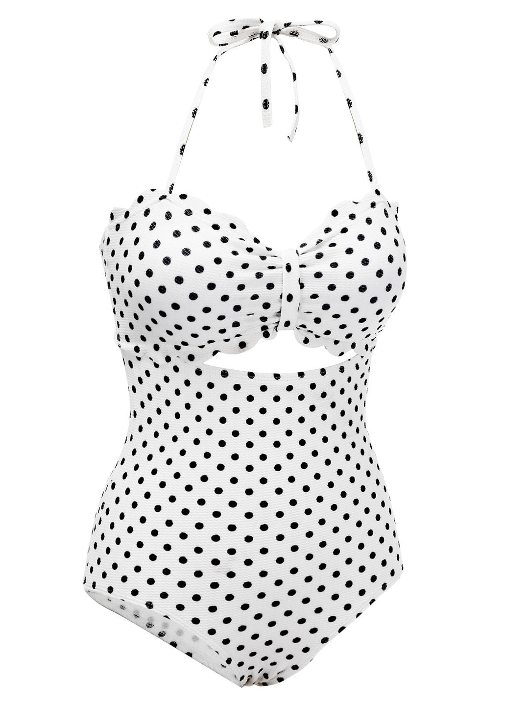 White 1940s Polka Dot Lace Up Halter Swimsuit: 1940s Riviera elegance, reimagined for her