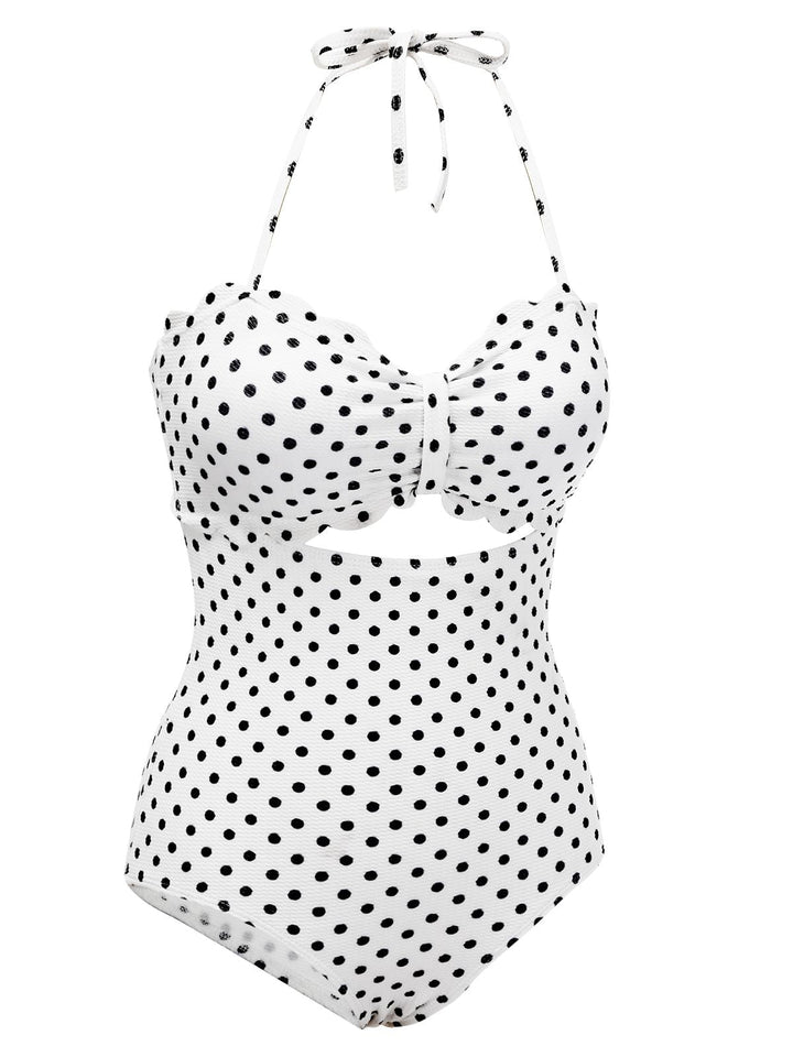 White 1940s Polka Dot Lace Up Halter Swimsuit — vintage elegance for the modern woman