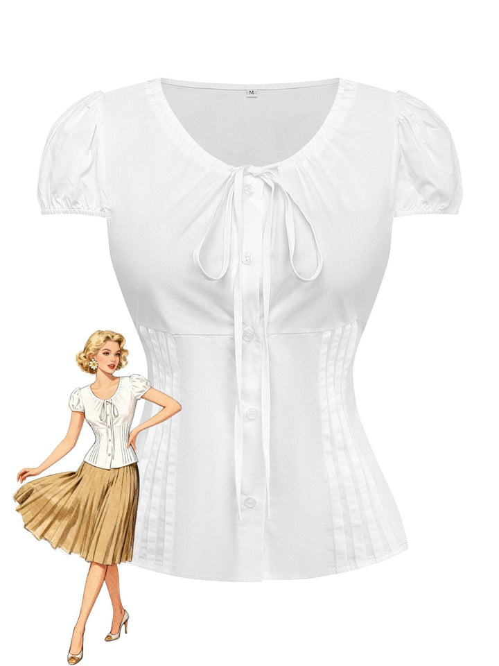 White 1940s Round Neck Fitted Waist Solid Blouse - vintage fashion, retro style, pure white