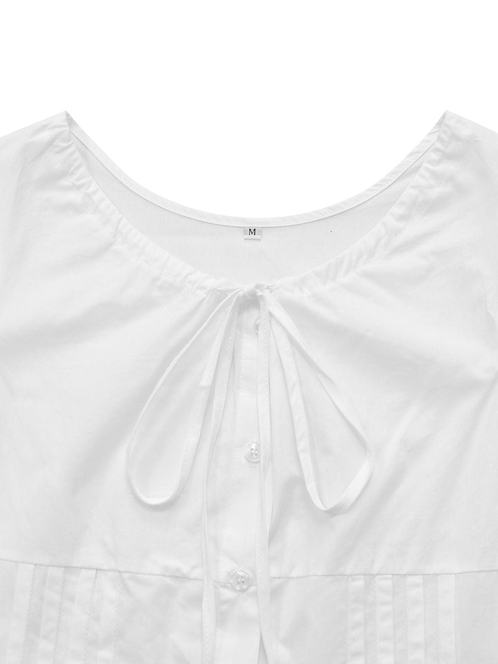 White 1940s Round Neck Fitted Waist Solid Blouse - vintage fashion, retro style, pure white