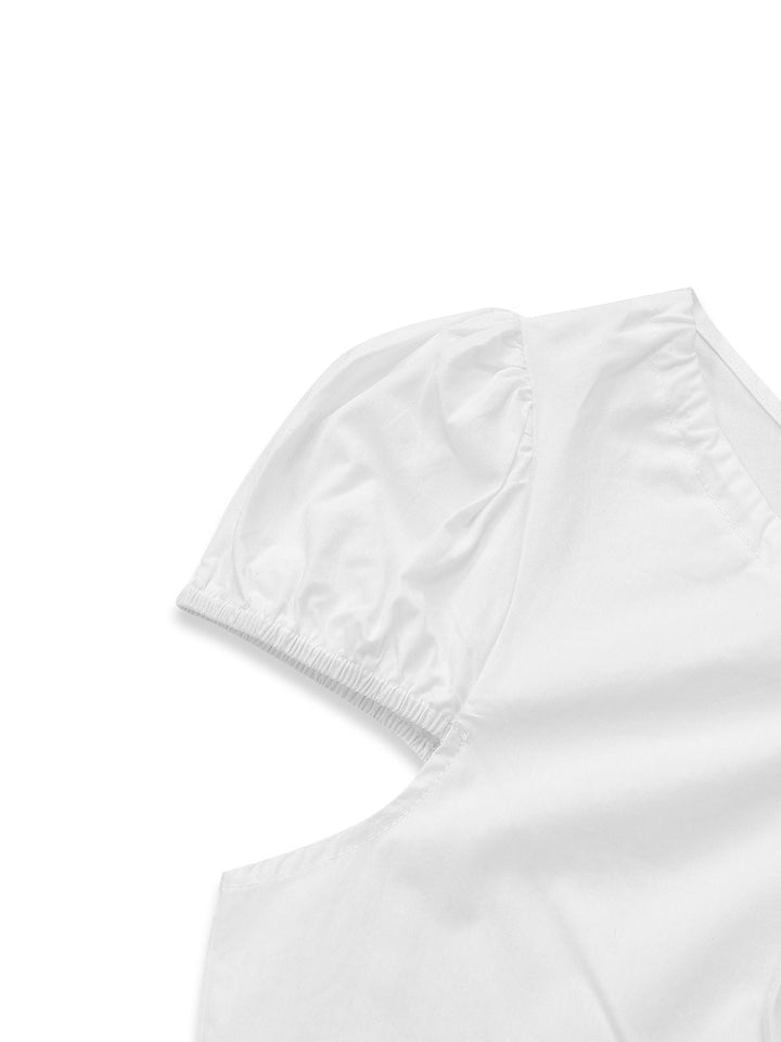 White 1940s Round Neck Fitted Waist Solid Blouse - vintage fashion, retro style, pure white
