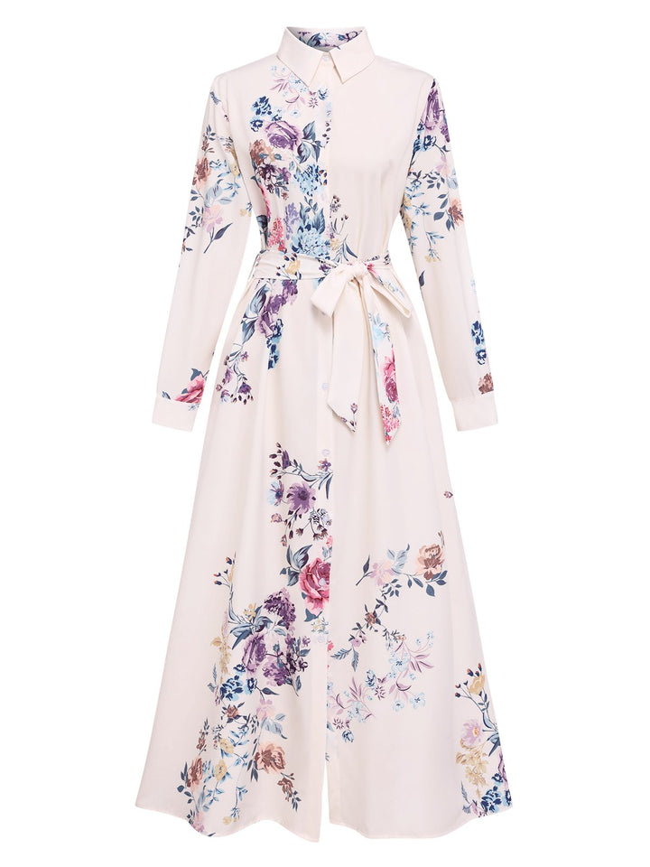 She slips into this White 1940s Shirt Collar Floral Belted Dress and suddenly it&
