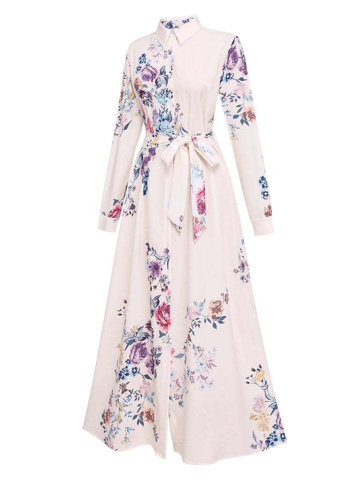 White 1940s Shirt Collar Floral Belted Dress, vintage dress, retro fashion, floral print - perfect for women who love vintage and retro fashion