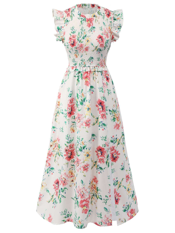 White 1940s Sleeveless Floral Ruffles Dress — vintage elegance for the modern woman