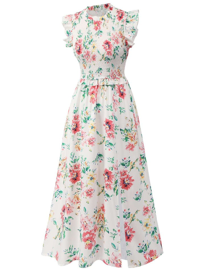 White 1940s Sleeveless Floral Ruffles Dress: timeless style reimagined