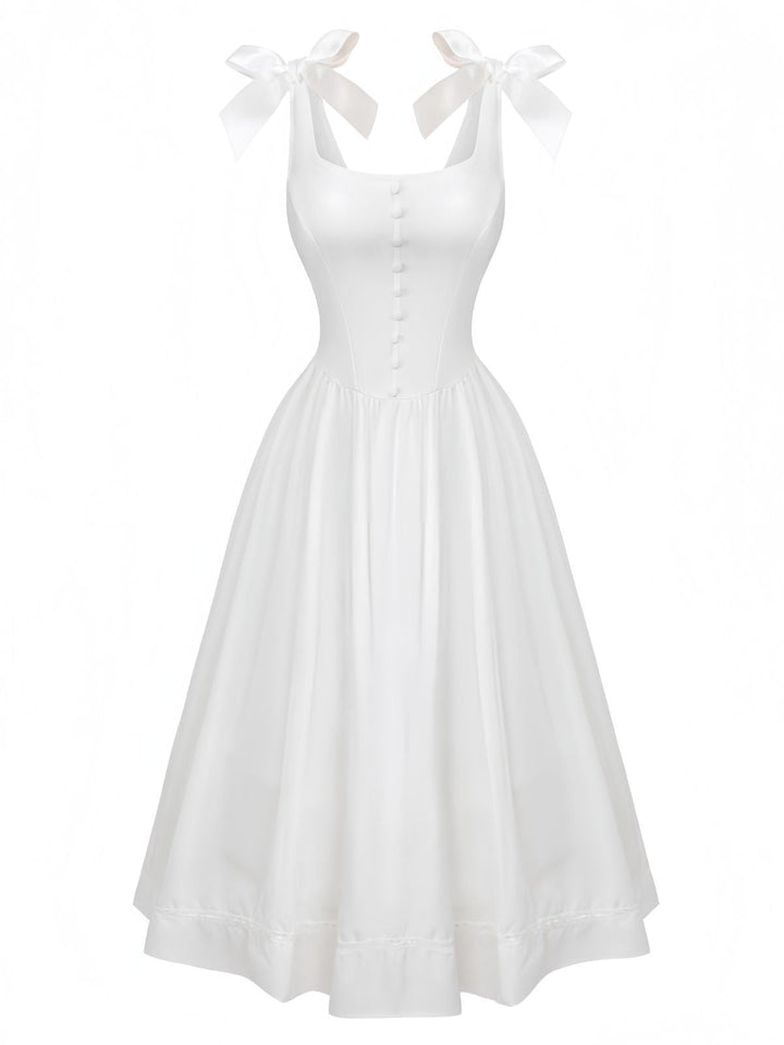 White 1940s Solid Lace-Up Button Dress - vintage dress, retro fashion, pure white