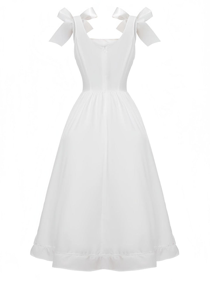 White 1940s Solid Lace-Up Button Dress - vintage dress, retro fashion, pure white
