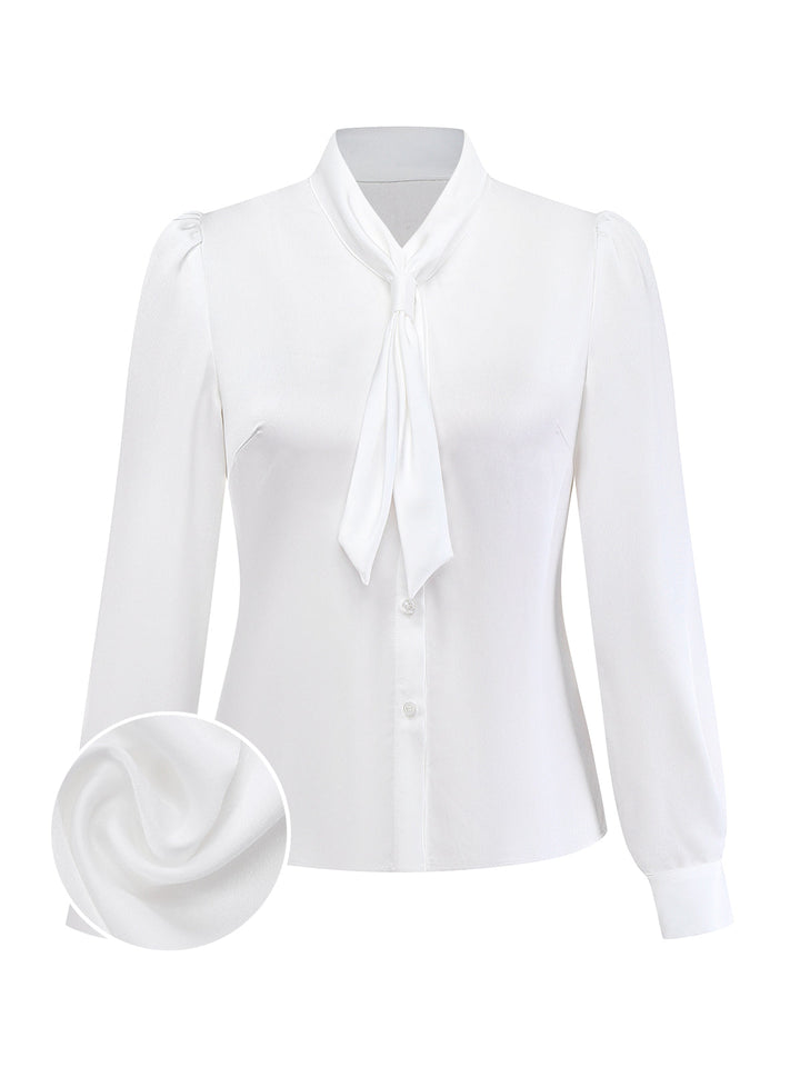 White 1940s Solid Tie Neck Satin Blouse - vintage fashion, style, pure white