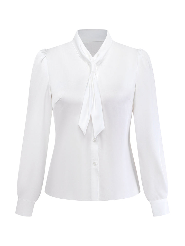White 1940s Solid Tie Neck Satin Blouse - vintage fashion, style, pure white