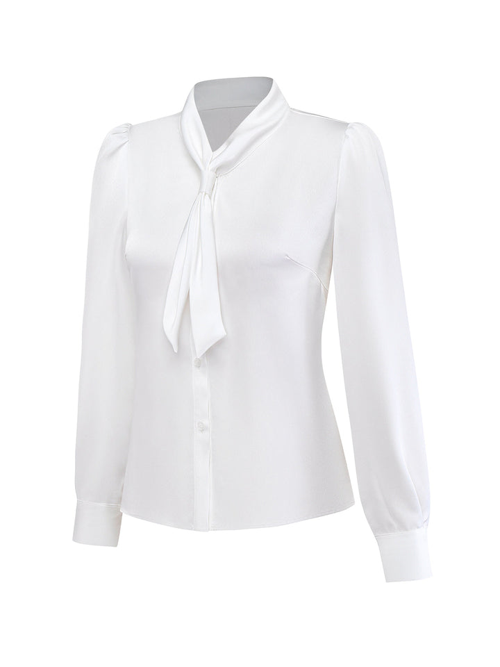 White 1940s Solid Tie Neck Satin Blouse - vintage fashion, style, pure white