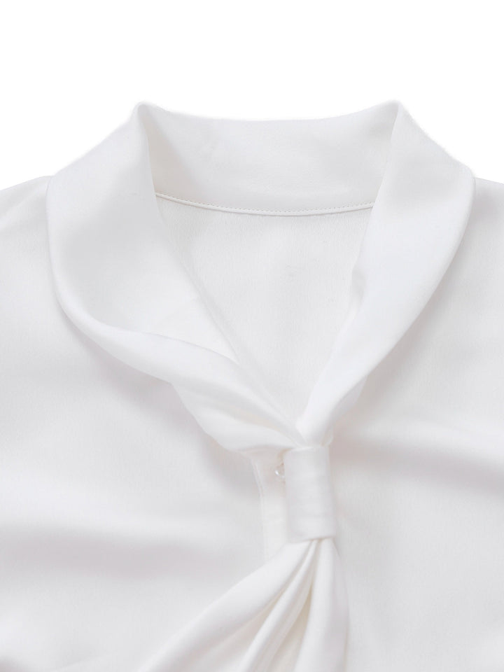 White 1940s Solid Tie Neck Satin Blouse - vintage fashion, style, pure white