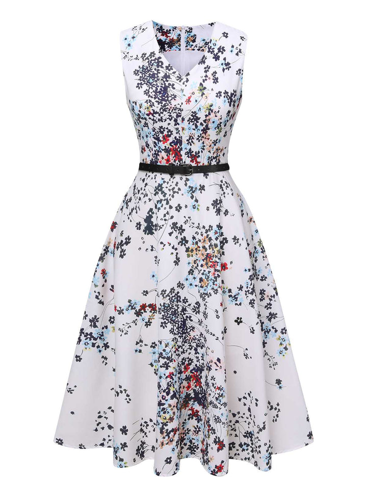 She slips into this White 1940s V-Neck Floral Belted Sleeveless Dress and suddenly it&