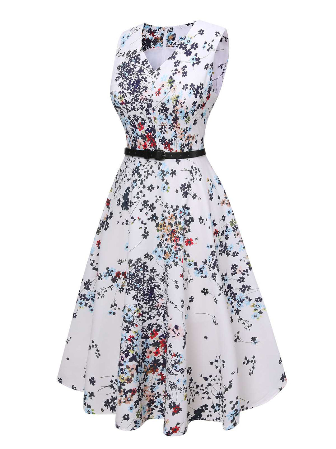 White 1940s V-Neck Floral Belted Sleeveless Dress: where 1940s romance meets her modern spirit