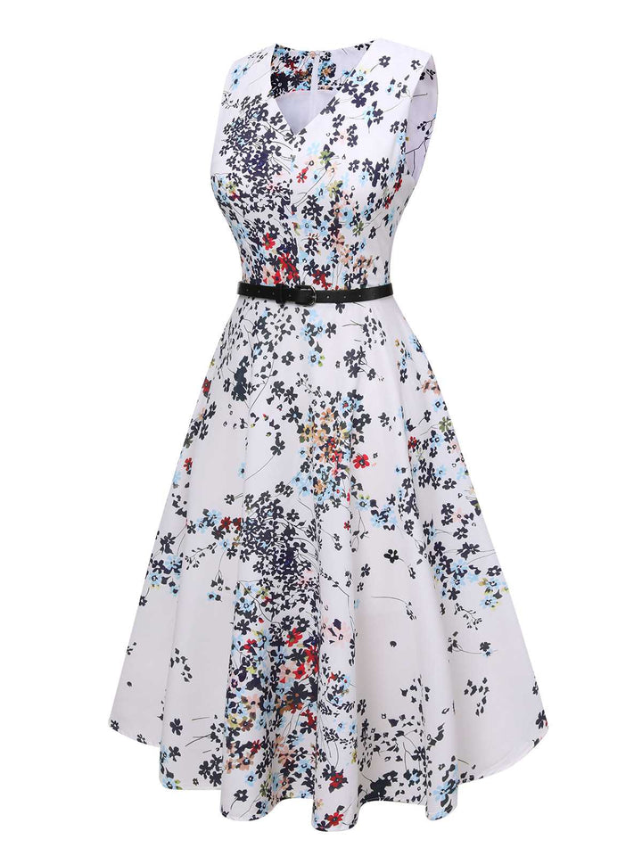 White 1940s V-Neck Floral Belted Sleeveless Dress: where 1940s romance meets her modern spirit