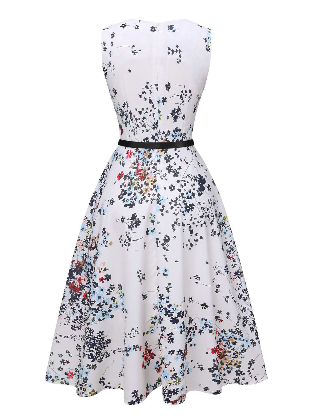 This White 1940s V-Neck Floral Belted Sleeveless Dress wraps her in 1940s elegance, one twirl at a time