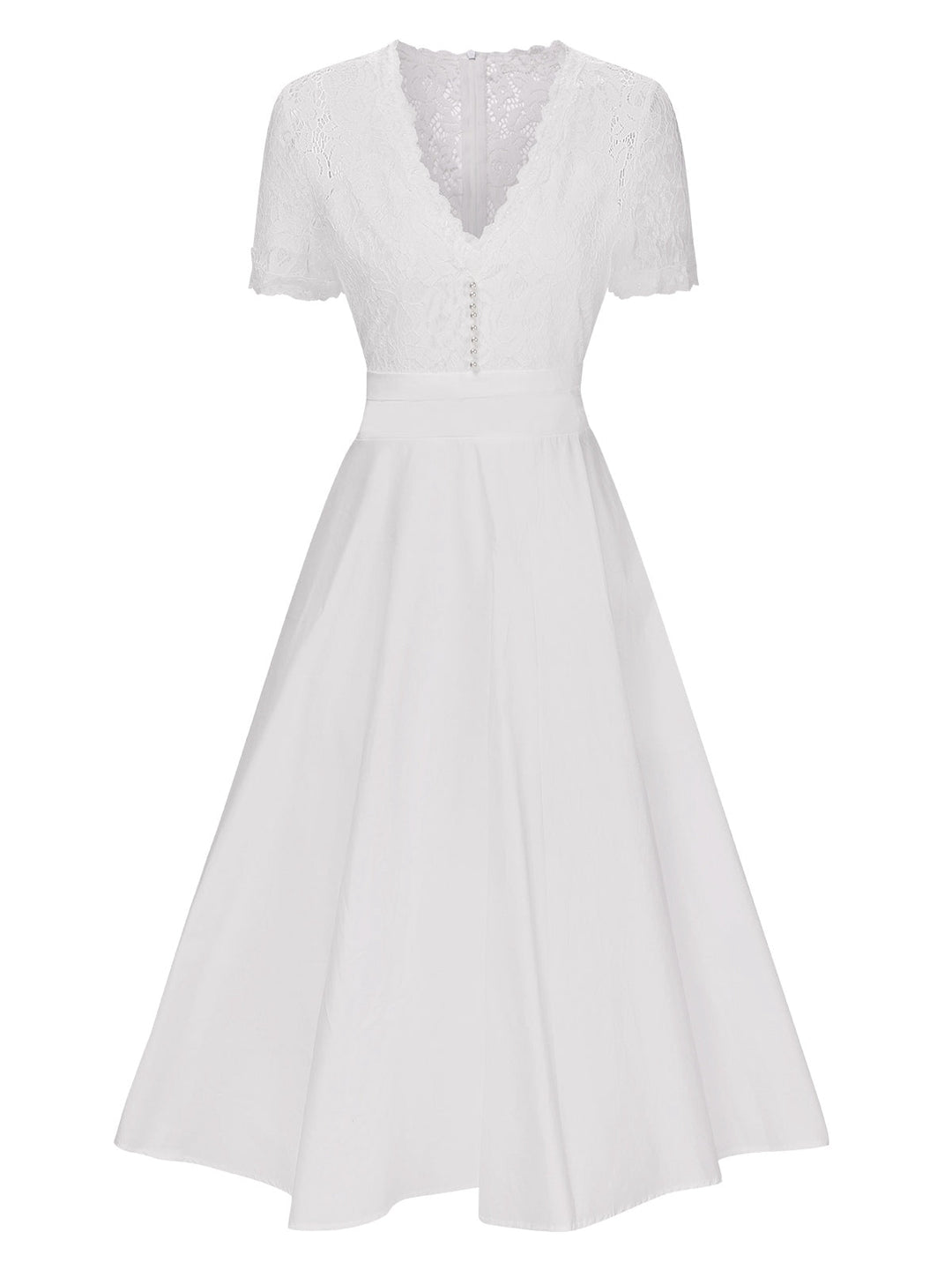 She slips into this White 1940s V-Neck Lace Patchwork Dress and suddenly it&